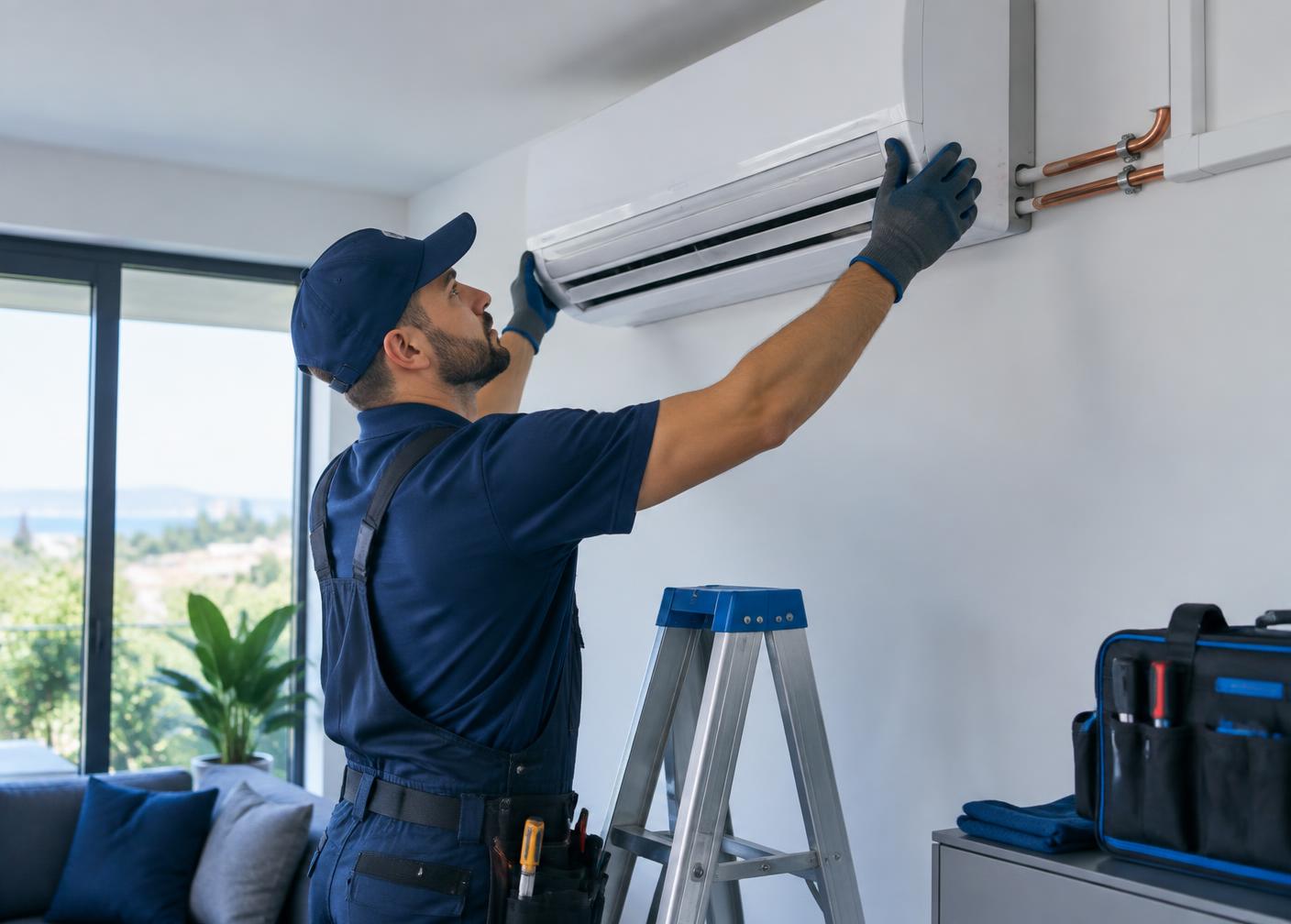 Técnico instalando una unidad interior de aire acondicionado split